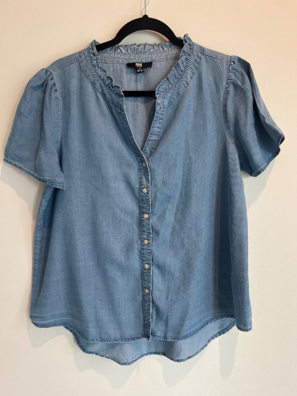 Frye Chambray Ruffle Neck Short Sleeve Blouse